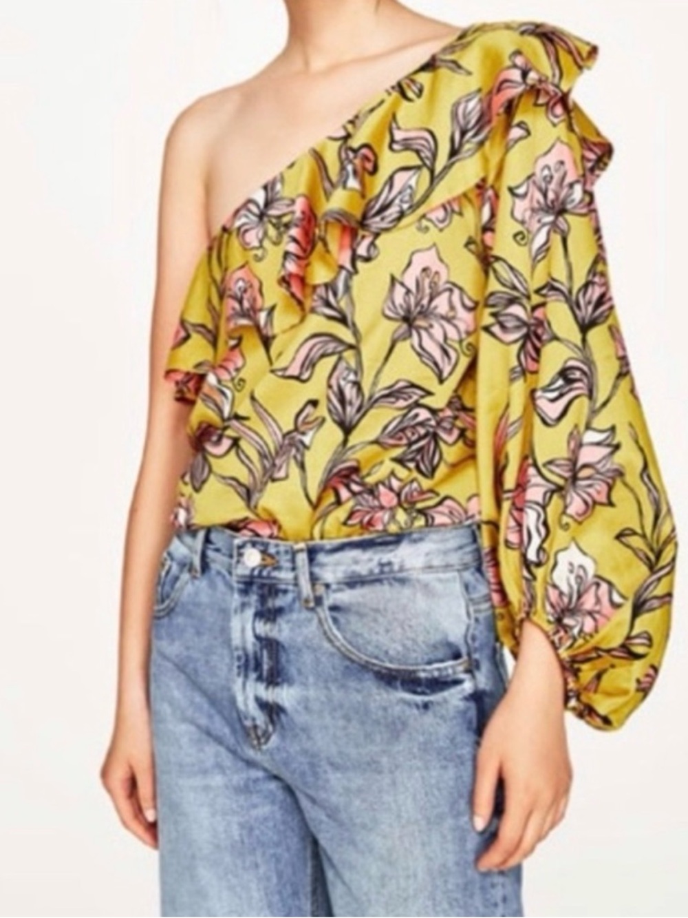 Zara Yellow Floral One-Shoulder Ruffle Top bodysuit with Pink Accents